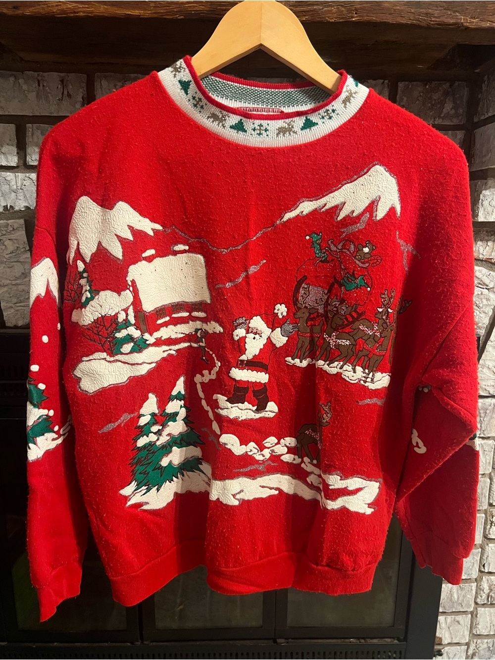 Women's Red Holiday Crewneck Sweater with Festive Winter Scene